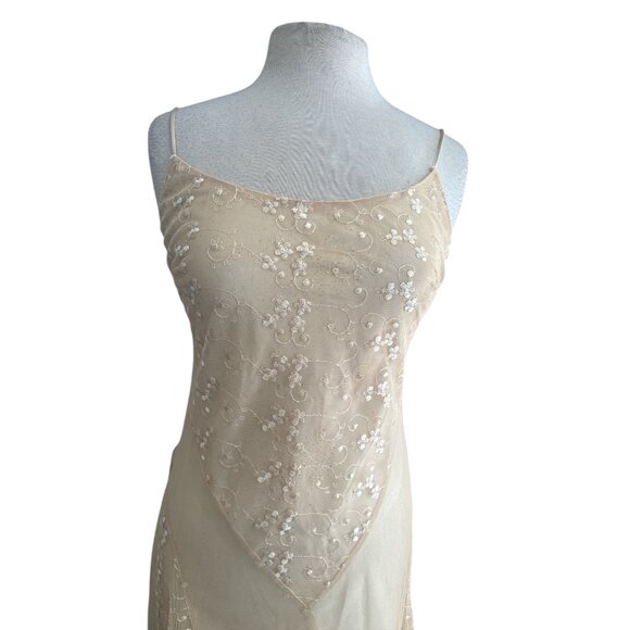Polka USA Vintage Mesh Lace Midi Dress Nude Cream Floral Embroidered Slip Dress - Picture 3 of 12